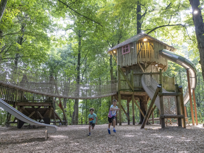 two boys running through an outdoor playground with a treehouse in a forest
