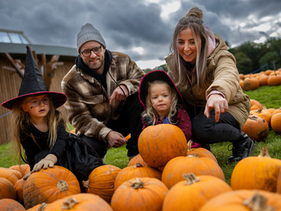 Family of four picking their pumpkins