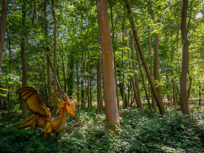 orange dragon statue in a forest in summer