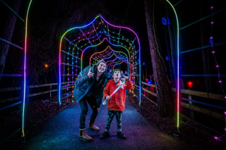 A mother and son look up at the Winter Illuminations at Stockeld Park.