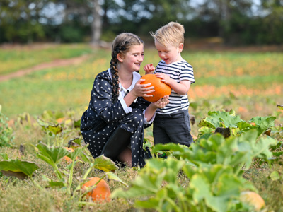 girl and boy in addams family halloween costumes holding a pumpkin in a pumpkin patch