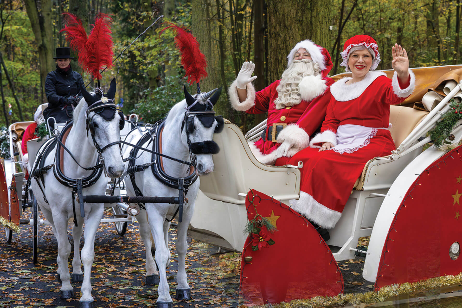 Santa and Mrs. Claus take a ride around the enchanted forest on a unicorn drawn carriage.