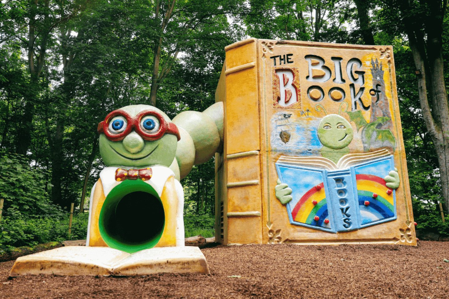 Slide designed in the shape of a catapiller in Stockeld Park's enchanted forest